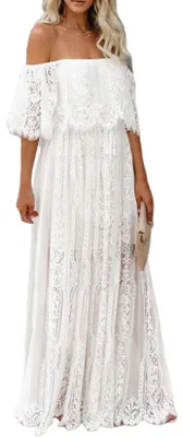 Immagine prodotto di HOYISHION: Abito lungo da donna senza spalline, con motivo floreale, in pizzo, colore bianco