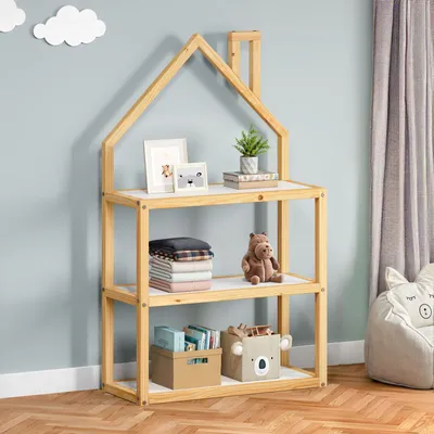 Produktbild von Kinderzimmer Regal LENISE in Hausform natur/weiß - Kinderregal, Bücherregal, massive Kiefer, 3  Ablagen mit viel Stauraum