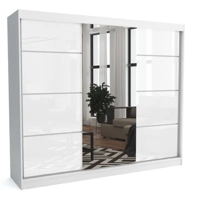 Produktbild von Brent - Kleiderschrank mit Spiegel Suzan, Schlafzimmerschrank mit 1 Kleiderstange und Einlegeböden für Kleidung, 250x215x60 cm, Weiß Matt