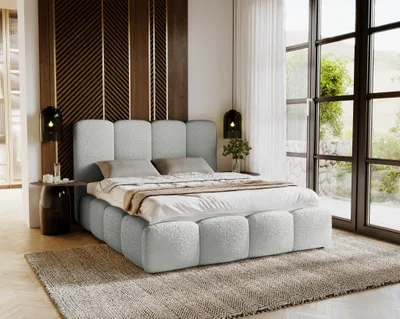 Image de Lit rembourré 180 x 200 cm Merkad Bouclé - Lit double, lit de chambre - Sommier à lattes et coffre de rangement - Bouclé gris clair