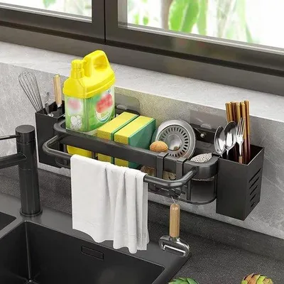 Produktbild von Famanu Spülbeckenorganizer mit Sponshalter und Geschirrtuchhalter - Küchenorganizer schwarz