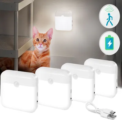 Obrázok produktu pre 4 ks nočné svetlo, biele, dobíjateľné cez USB s detektorom pohybu (senzor súmraku), LED osvetlenie skríň, magnetické