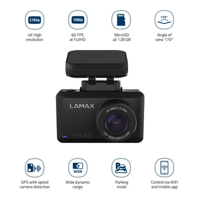 Zdjęcie produktu dla LAMAX T10 Kamera samochodowa 4K, 170° kąt widzenia, GPS, WDR, WiFi, magnetyczny uchwyt, ostrzeżenia radarowe, G-sensor