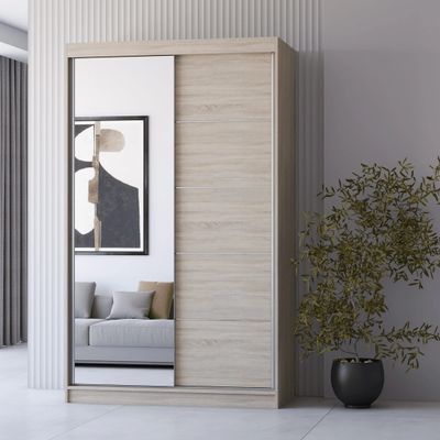 Kleiderschrank  Schiebetürenschrank Schrank Schwebetürenschrank  120cm Sonoma Eiche/Sonoma Eiche mit Spiegel  Neomi 05