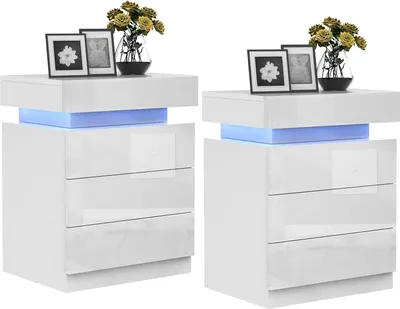 Produktbild von 2x Nachttisch mit LED,Weiß Hochglanz Nachtschrank mit Verstecktem Schublade,Beistelltisch Nachtkommode für Wohnzimmer, Schlafzimmer 40x35x61cm