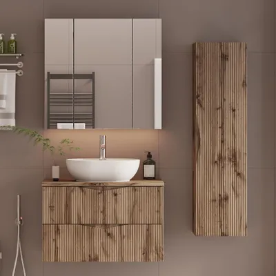 Produktbild von Badmöbel-Set 3-teilig mit 80 cm Waschtisch & Spiegelschrank in Eiche mit gerillter Front - CALURI-140
