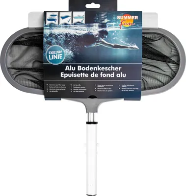 A pool skimmer net with its packaging.