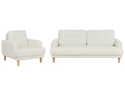 Produktbild von BELIANI 4-Sitzer Sofa Set Cremeweiß Stoffbezug mit Sessel Hohen Holzbeinen Armlehnen Knopfheftung Skandinavisch Retro Modern Wohnzimmer Ausstattung