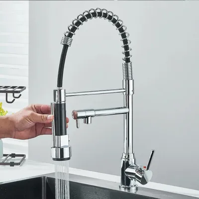 Produktbild von Ausziehbare Küchenarmatur mit Feder, Einhebelmischer für Warm- und Kaltwasser, für Küchenspüle, zwei Ausläufe, Auslaufdüse, Kran