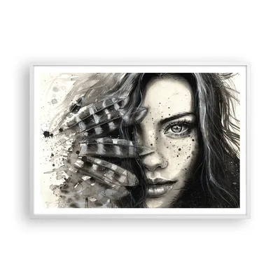 Produktbild von Gerahmtes Poster - Weißer Rahmen - Frau Federn Lippen Kunst. - 100x70 cm - Wand Bild - Wanddeko - Wandbilder - Wandposter - Bilderrahmen - Bilder - Kunstdruck - Wandbild - P2WAA100x70-2874