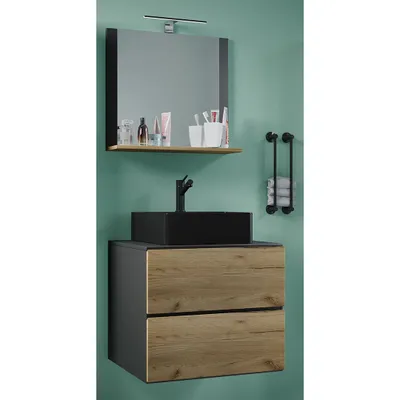 Produktbild von VCM 3-tlg. Waschplatz Waschtisch | schwarzes Waschbecken Unterschrank Breite 60 cm |  Badmöbel Set mit Schubladen Spiegel | Lendas S BL