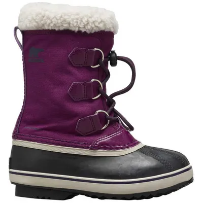 A single purple Sorel youth boot is shown against a white background.