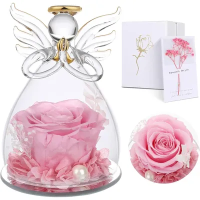 Produktbild von Konservierte Rose in Engelsfigur Glaskuppel Geschenk für Frauen Mutter Oma