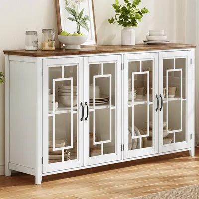 Produktbild von Flieks 160cm breites Küchen-Sideboard mit Glastüren, geräumigen Staufach und Kippsicherung, Beistellschrank 160x40x86cm, Mehrzweckschrank, Weiß