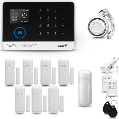 Produktbild von HUXGO HXA003 Alarmanlage Haus WiFi + GSM 2G mit Sirene, Alarm System mit 1x Bewegungssensor und 7x Tür- Fenstersensor, Alarmanlage für Wohnung, Haus, Büro, Tuya Smartlife App