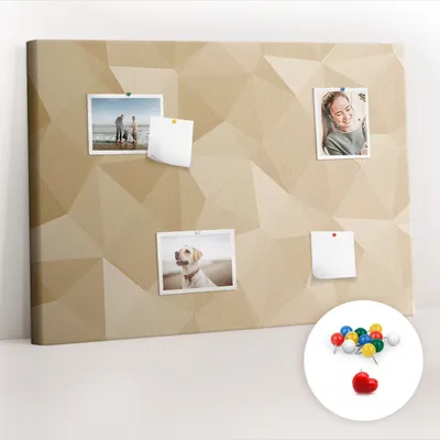 Obrázek produktu pro Korková nástěnka s kolíčky - Tabule s kolíky pro fotografie a poznámky - 100x70 cm - Připínáčky barevné 100 kusů - Abstraktní trojúhelníky