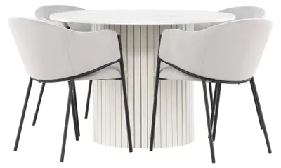 Produktbild von Härön Essgruppe Esstisch weiß 4 Stühle Velours grau.