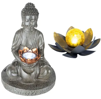 Immagine prodotto di Set da 2 luci solari a LED, 1 fiore di loto, 1 Buddha