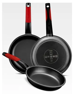 Produktbild von Set aus 3 Bratpfannen aus antihaftbeschichtetem Aluminiumguss, geeignet für alle Herdarten, einschließlich Induktion, Schwarz mit rotem Silikon, 18|22|26 cm