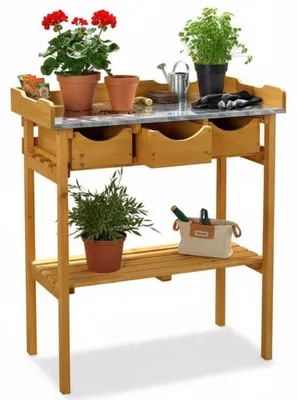 Image de Table de jardin avec trois tiroirs, en bois de sapin - 80 x 40 x 82 cm