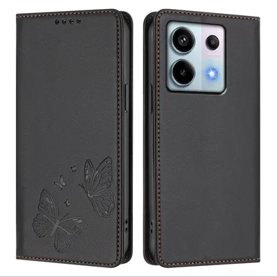 Obrázek produktu pro Kožené pouzdro pro Xiaomi Redmi Note 13 Pro 5G, motýlí ražbou, peněženkové flip pouzdro se stojánkem Černá
