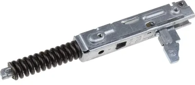 A metal oven door hinge with a spring, shown against a white background.