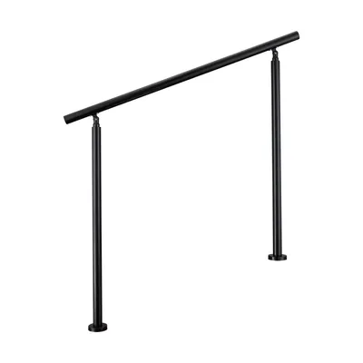 A black metal handrail with two vertical supports, shown against a white background.
