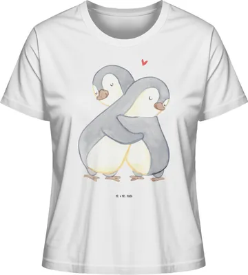 Produktbild von Mr. & Mrs. Panda Damen Basic T-Shirt Pinguine Kuscheln Größe M - Weiß - Geschenk, Oberteil, für Frauen, Mitbringsel, Freundin, Sommershirt, Partner, Hochzeitstag, shirt