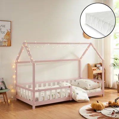 Image de Lit de maison 'Hesel' pour enfants avec matelas, protection antichute et sommier à lattes 90 x 200 cm rose