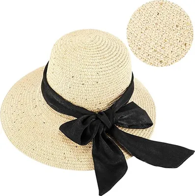 Produktbild von Damen Faltbarer Strohhut, Sonnenhu mit Breiter Krempe und mit Schöner Schleife, UV Schutz Strandmütze, Sommerhut Strohhut für Urlaub und Strand