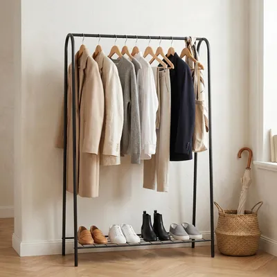 Produktbild von Kleiderständer mit Ablage, Garderobenständer freistehend Schwarz Metall, Bogen-esign Kleiderstange Skandi-Industrial, Flur Schlafzimmer Ankleidezimmer
