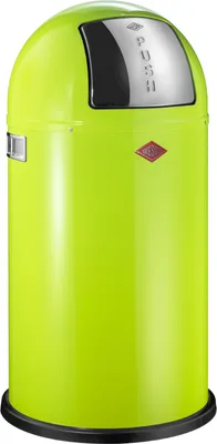 A bright lime green trash can with a silver push lid.