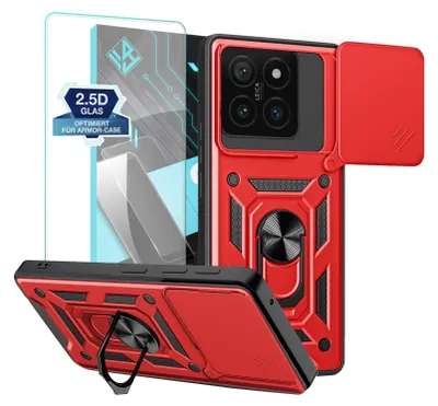 A red phone case with a screen protector and a ring stand, displayed on a white background.