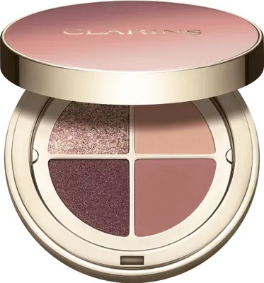 A close-up studio shot of an open Clarins eyeshadow palette.