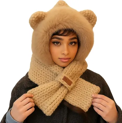 Produktbild von Gestrickte Kapuze mit Schal und Ohrenklappen - Braun KP36920