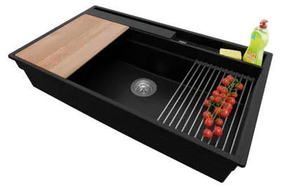 Produktbild von PRIMAGRAN Spülbecken Schwarz 88x53cm, Granitspüle 1 Becken + Ablauf-Set + Küchenzubehörset, Küchenspüle ab 90er Unterschrank - Oslo Pocket
