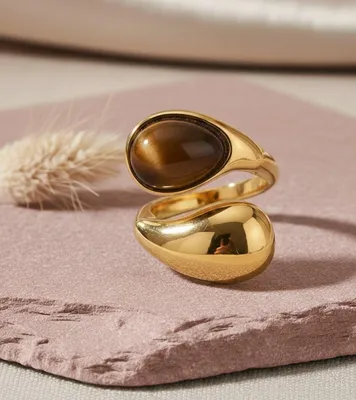 Produktbild von Lundholm Ring Damen Vergoldet my Tiger – Premium Edelstahl Gold – Tigerauge Naturstein Statement Ring Verstellbar – Wasserfest Jewellery