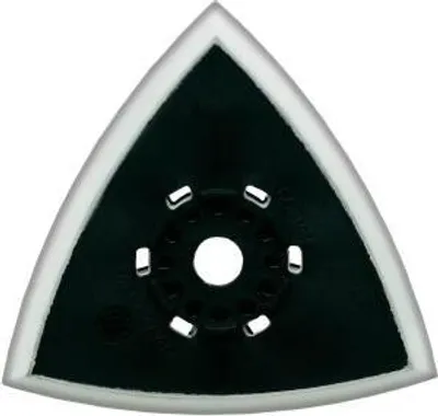 A triangular sanding pad with a central hole and surrounding smaller holes.