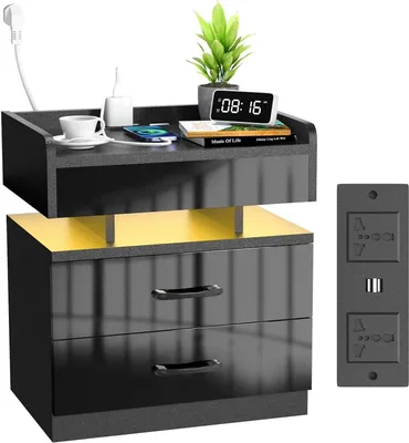 Produktbild von LED Nachttisch mit Steckdose & USB,Nachttisch Schwarz Hochglanz mit 2 Schubladen,Beistelltisch Nachtschrank Bettschrank,Kommode Schlafzimmer 45x35x52c