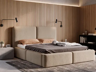 Produktbild von Polsterbett 140x200 mit Bettkasten LIVIA, Stauraum und Metall-Lattenrost – Bouclé Stoff Beige