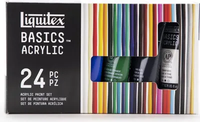 A box of Liquitex Basics Acrylic Paint Set, showing the packaging and a window revealing some of the paint tubes.