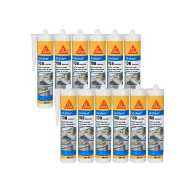 Obrázek produktu pro Sada 12 tmelů SIKA Sikaseal 108 Sanitär, silikonových, s přísadami proti vzniku plísní, světle šedé barvy, objem 300 ml