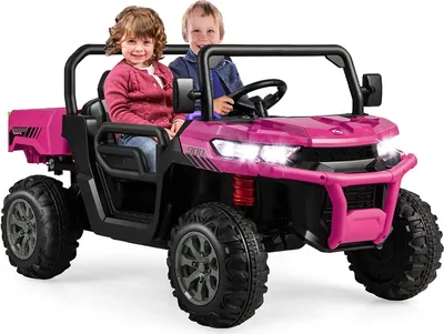Immagine prodotto di COSTWAY Auto elettrica a 2 posti con modalità altalena e cassone ribaltabile automatico, autocarro ribaltabile per bambini da 12 V con musica, clacson e fari, velocità 3-8 km/h, incl. pala e telecomando a 2,4 GHz (rosa)