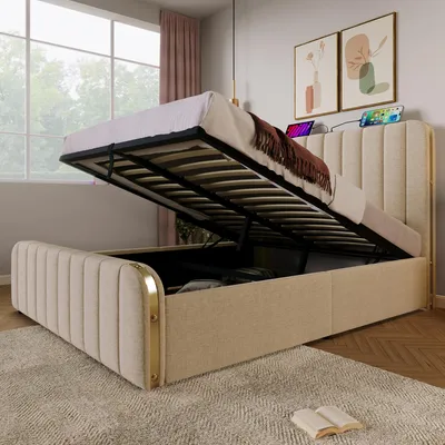 Produktbild von Flieks Polsterbett 140x190cm mit Ladefunktion (USB, Typ-C), Doppelbett Stauraumbett mit Lattenrost, Hydraulisches Jugendbett Boxspringbett, Leinen