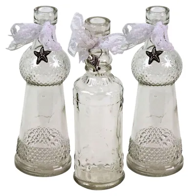 Produktbild von 3er Set Glas Flaschen H=17 cm maritim silber Anhänger Vasen Spitzenband Deko