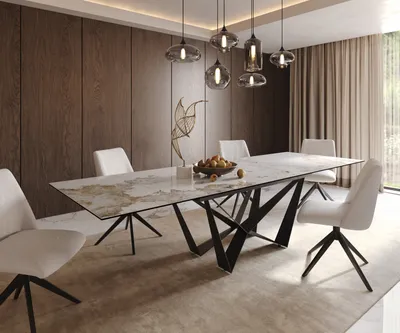 Produktbild von DELIFE Esstisch Edge 200-300x100 Keramik Minas Melange Weiß-Beige Spider Flachstahl Schwarz ausziehbar