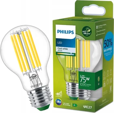 Produktbild von Philips Filament-Lampe, transparent, 75W A60 E27, 5,2 W, 75 W, E27, 1095 lm, 50000 h, Kaltweiße