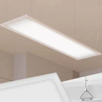A rectangular LED panel light is suspended from the ceiling.