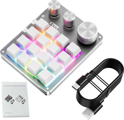 Obrázek produktu pro Přizpůsobitelná programovací klávesnice 16 kláves 3 knoflíky USB drátové ovládání hlasitosti Herní klávesnice bílá