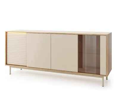 Produktbild von Kommode TIRON I, Sideboard mit Glastür und Stauraum, Moderne Wohnkommode, 4 Türen, Wohnzimmerschrank für Wohnzimmer und Esszimmer, Eiche/Kaschmir
